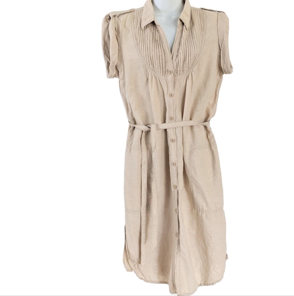 Gap Accordion pleats 100% linen button down midi shirt dress beige tan medium